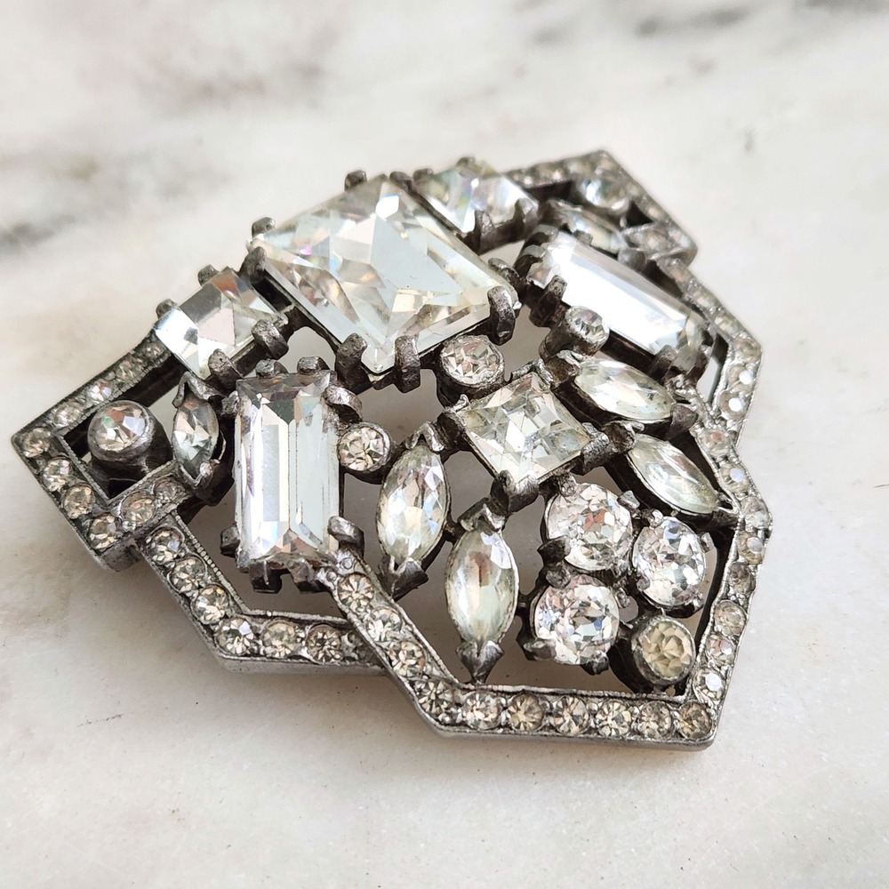 Vintage Eisenberg Original Art Deco Geometric Rhinestone Brooch Sterling Silver